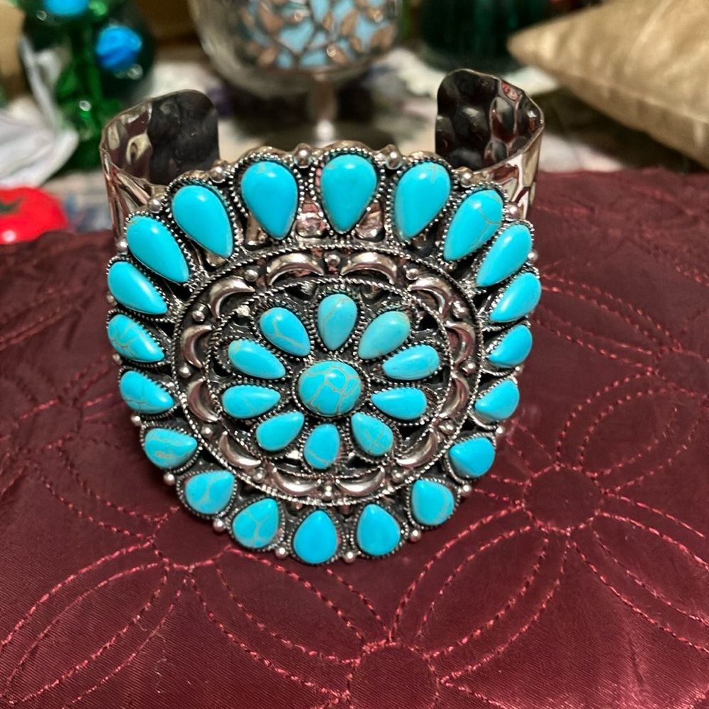 silver tone  synthetic turquoise bracket